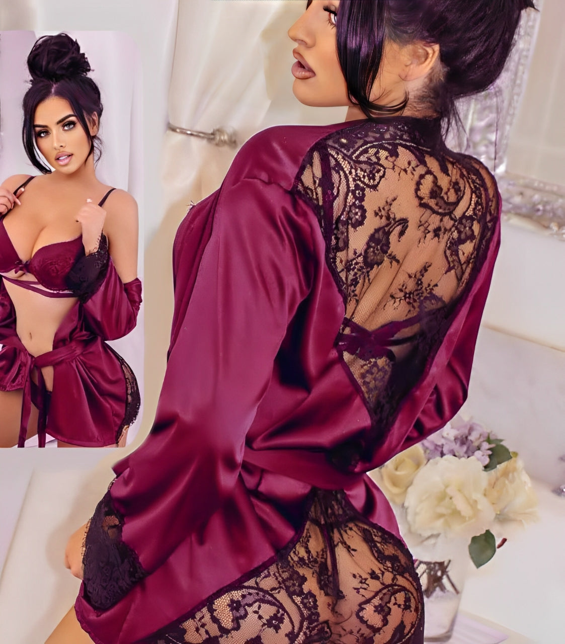 Luxury 3-Piece Satin & Lace Lingerie Set for Women