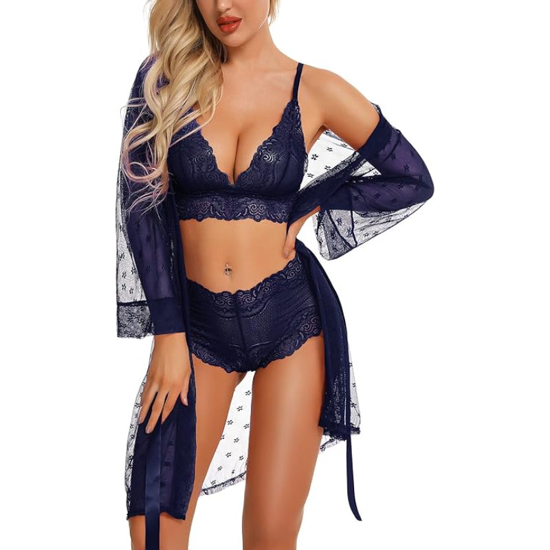 3-Piece Floral Lace Lingerie Set with Sheer Mesh Robe Elegance Allure & ComfortS